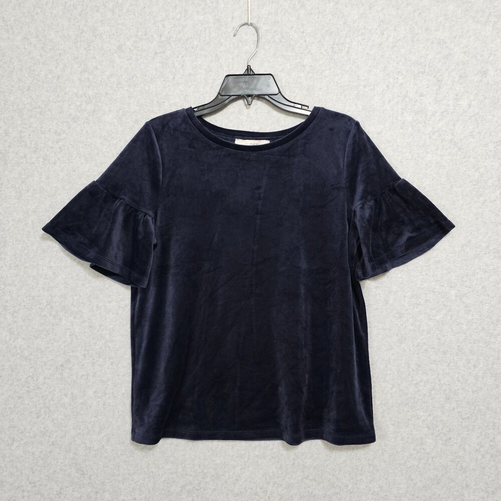 LOFT Navy Velour Blouse Size M Blue Ruffle Short Sleeve Casual Shirt Womens